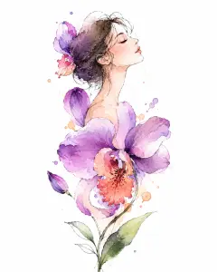Watercolor Profile of Woman with Orchid Flowers
