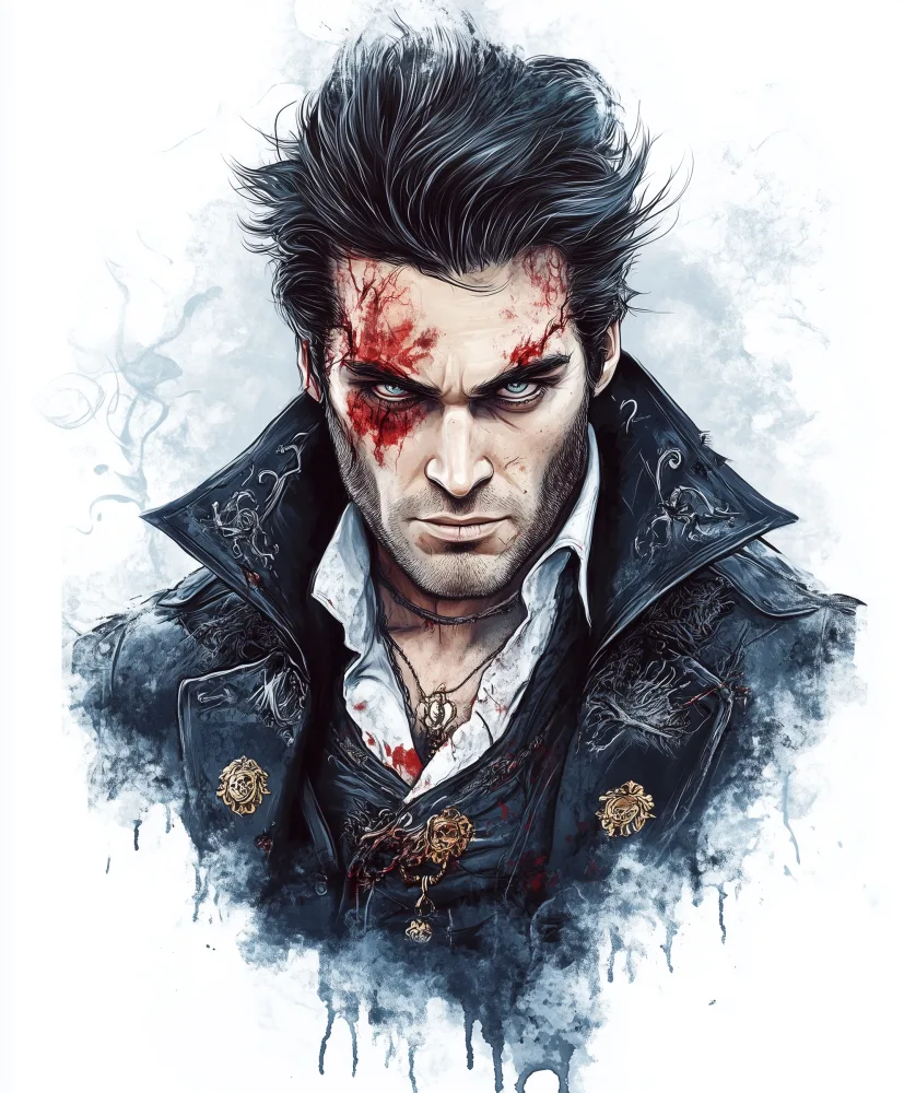 Intense Portrait of a Bloodied Man with Dark Coat