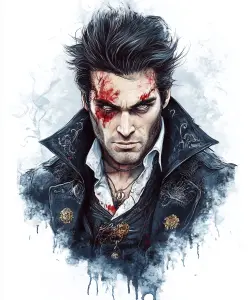 Intense Portrait of a Bloodied Man with Dark Coat