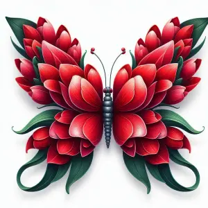 Butterfly with Red Flower Petal Wings and Green Leaves