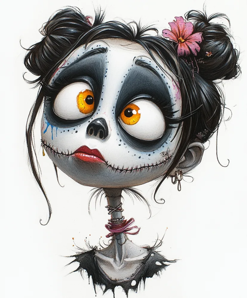 Whimsical Skull Face Character with Bright Orange Eyes and Flowered Hair Buns