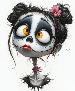 Whimsical Skull Face Character with Bright Orange Eyes and Flowered Hair Buns
