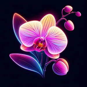 Glowing Neon Orchid Flower with Buds on Dark Background