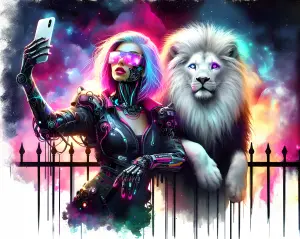 Cyberpunk Woman with Futuristic Lion Taking a Selfie