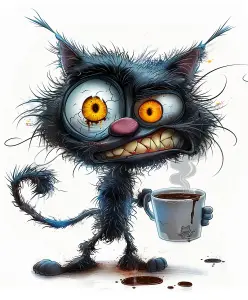 Surprised Cartoon Black Cat Holding Coffee Mug