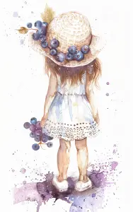 Watercolor Painting of a Girl with Grape-Adorned Hat and Dress