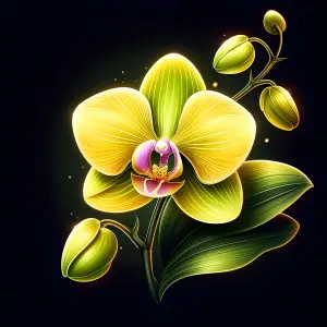 Glowing Yellow Orchid with Buds on Dark Background