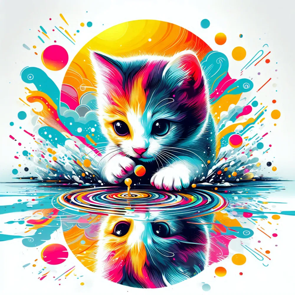 Colorful Artistic Illustration of a Kitten Playing with Water Ripples