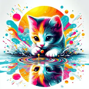 Colorful Artistic Illustration of a Kitten Playing with Water Ripples