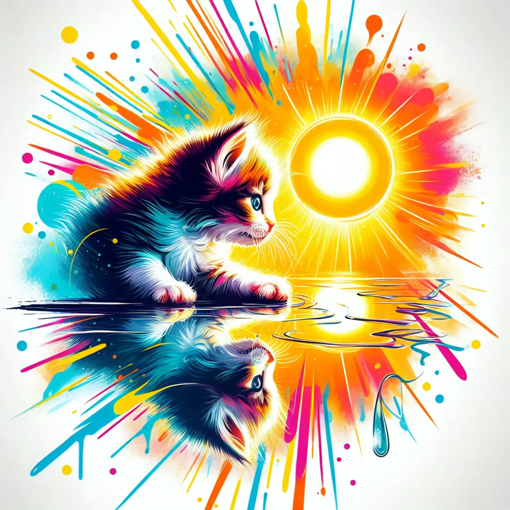 Colorful Artistic Illustration of Kitten Reflecting in Water Near Radiant Sun