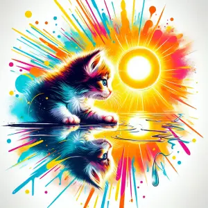 Colorful Artistic Illustration of Kitten Reflecting in Water Near Radiant Sun