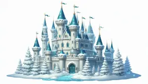 Snow Covered Fantasy Castle with Turquoise Towers