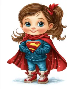 Cute Cartoon Girl in Superhero Costume with Red Cape and Boots