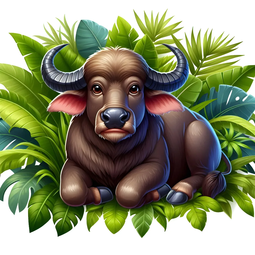 Illustration of a Water Buffalo Sitting Among Tropical Leaves