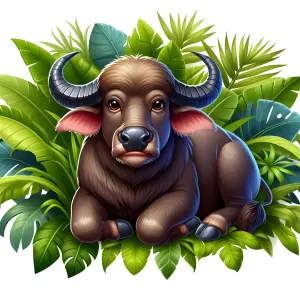 Illustration of a Water Buffalo Sitting Among Tropical Leaves