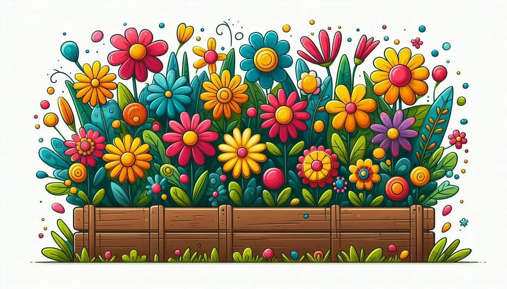 Colorful Cartoon Flower Bed with Wooden Fence