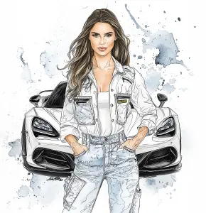 Stylish Woman Standing Confidently in Front of White Sports Car