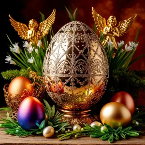 Ornate Golden Faberge-Style Easter Eggs with Angel Figurines and Floral Decorations