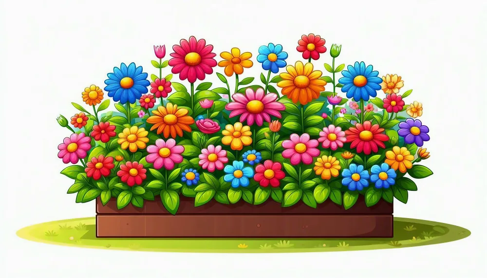 Colorful Cartoon Flower Bed with Various Blooming Flowers