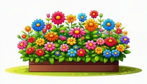 Colorful Cartoon Flower Bed with Various Blooming Flowers
