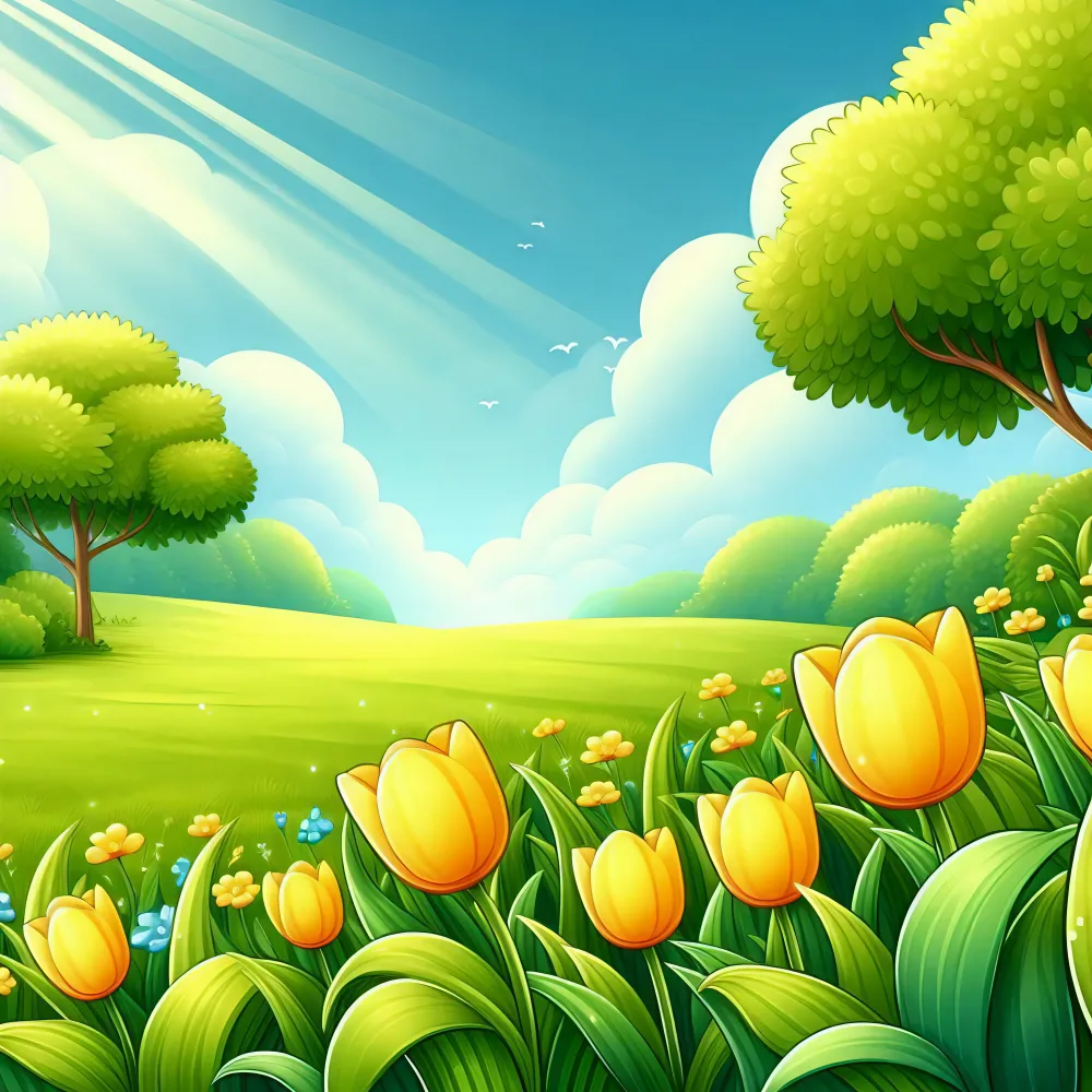 Sunny Spring Meadow with Yellow Tulips and Lush Green Trees