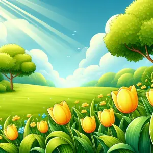 Sunny Spring Meadow with Yellow Tulips and Lush Green Trees