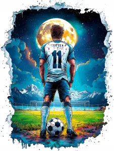Illustration of Soccer Player with Number 11 Under Full Moon