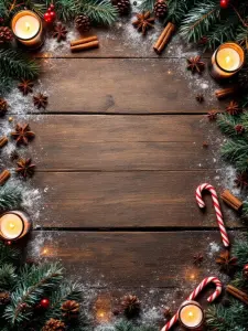Christmas Frame with Pine Cones, Candles, and Candy Canes on Wooden Background