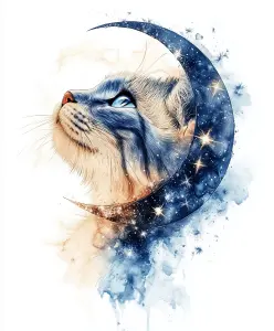 Artistic Illustration of Cat Profile with Celestial Moon