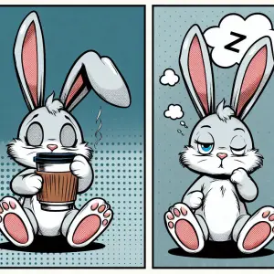 Tired Cartoon Bunny Drinking Coffee and Yawning