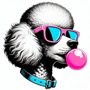 Stylish Poodle Wearing Sunglasses and Blowing Bubblegum
