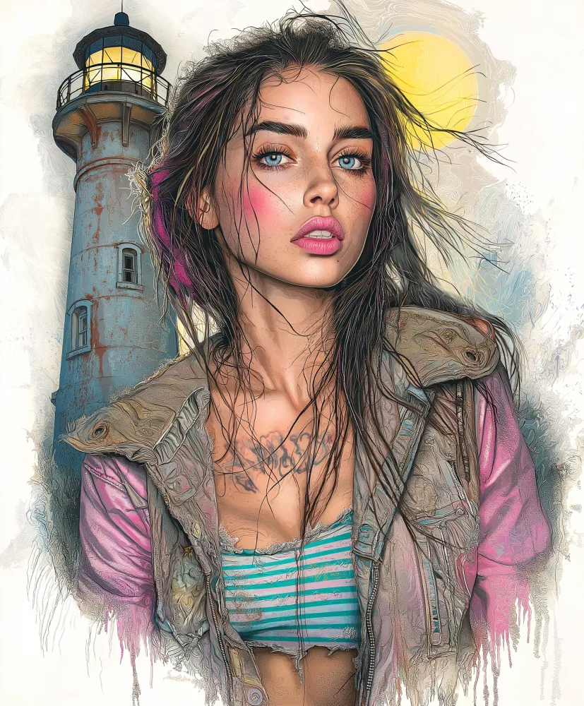 Portrait of a Young Woman Near a Lighthouse with Artistic Detailing