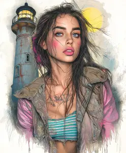 Portrait of a Young Woman Near a Lighthouse with Artistic Detailing
