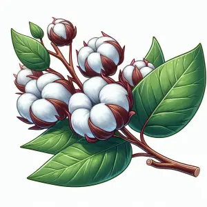 Illustration of Cotton Plant Branch with Green Leaves and White Cotton Bolls