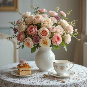 Elegant Tea Setting with Pastel Rose Bouquet and Cake