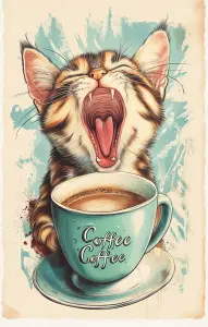 Yawning Tabby Cat with Coffee Cup Illustration