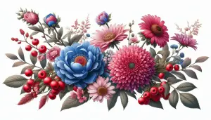 Vibrant Bouquet of Pink and Blue Flowers with Red Berries