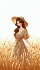 Young Woman in Beige Dress and Straw Hat in Wheat Field