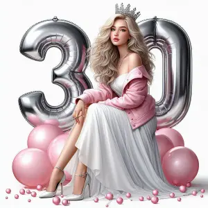 Stylish Woman Celebrating 30th Birthday with Silver Balloons