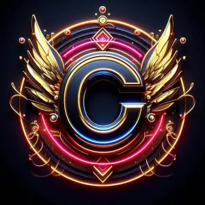 Glowing Letter G with Golden Wings and Neon Circles