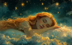 Dreaming Girl Surrounded by Stars and Moonlight