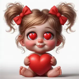 Cute Cartoon Baby with Heart Eyes Holding Red Heart
