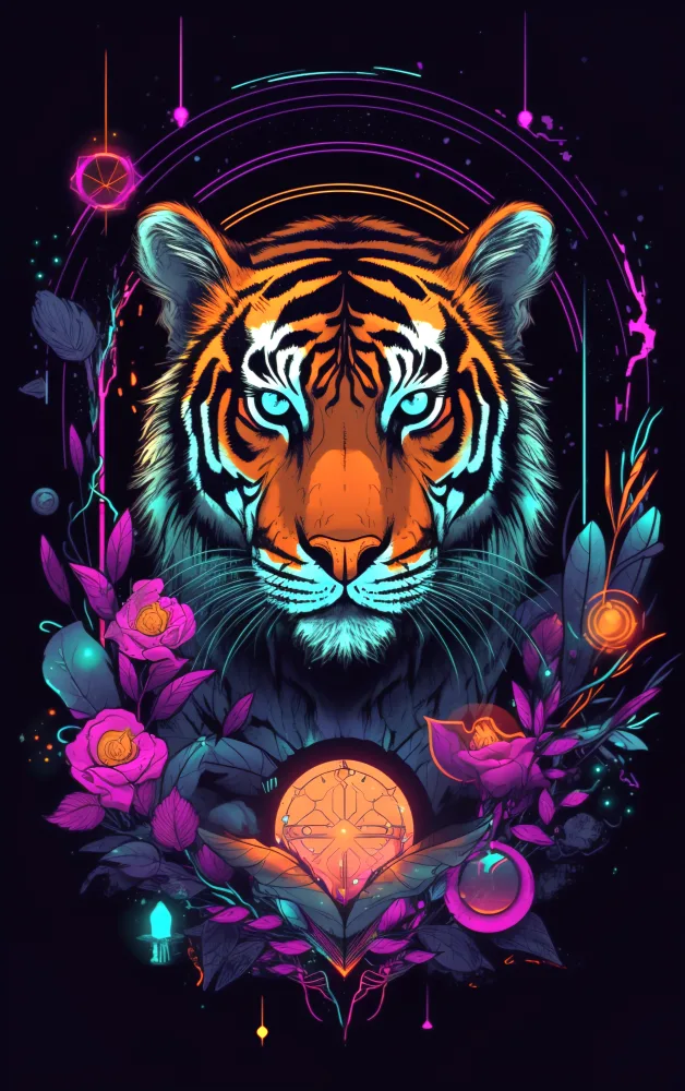 Neon Glowing Tiger Surrounded by Vibrant Flowers and Abstract Elements