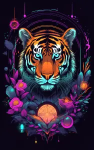 Neon Glowing Tiger Surrounded by Vibrant Flowers and Abstract Elements