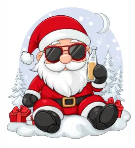 Cool Santa Claus Sitting on Snow with Drink and Gifts