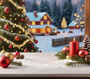 Festive Christmas Decorations with Candle on Snowy Winter Background