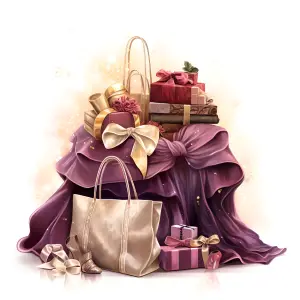 Elegant Gift Arrangement with Purple Drapery and Fashion Accessories