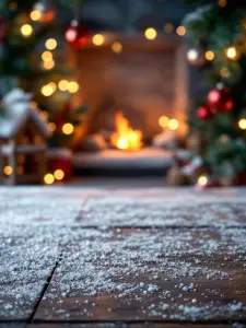 Cozy Christmas Fireplace with Snow on Wooden Floor