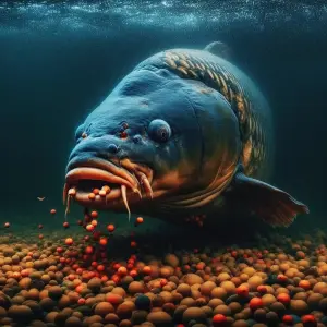 Large Carp Feeding Underwater on Orange Pellets