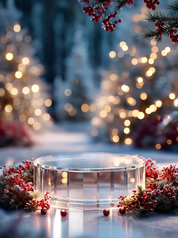 Festive Holiday Display with Illuminated Wreath and Crystal Pedestal